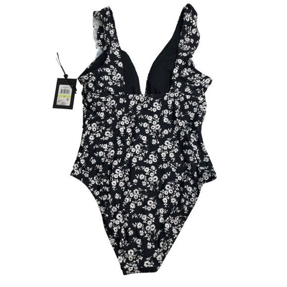 DKNY Ruffle Neck One-Piece Swimsuit Black White Floral Size 4 New - Picture 6 of 7